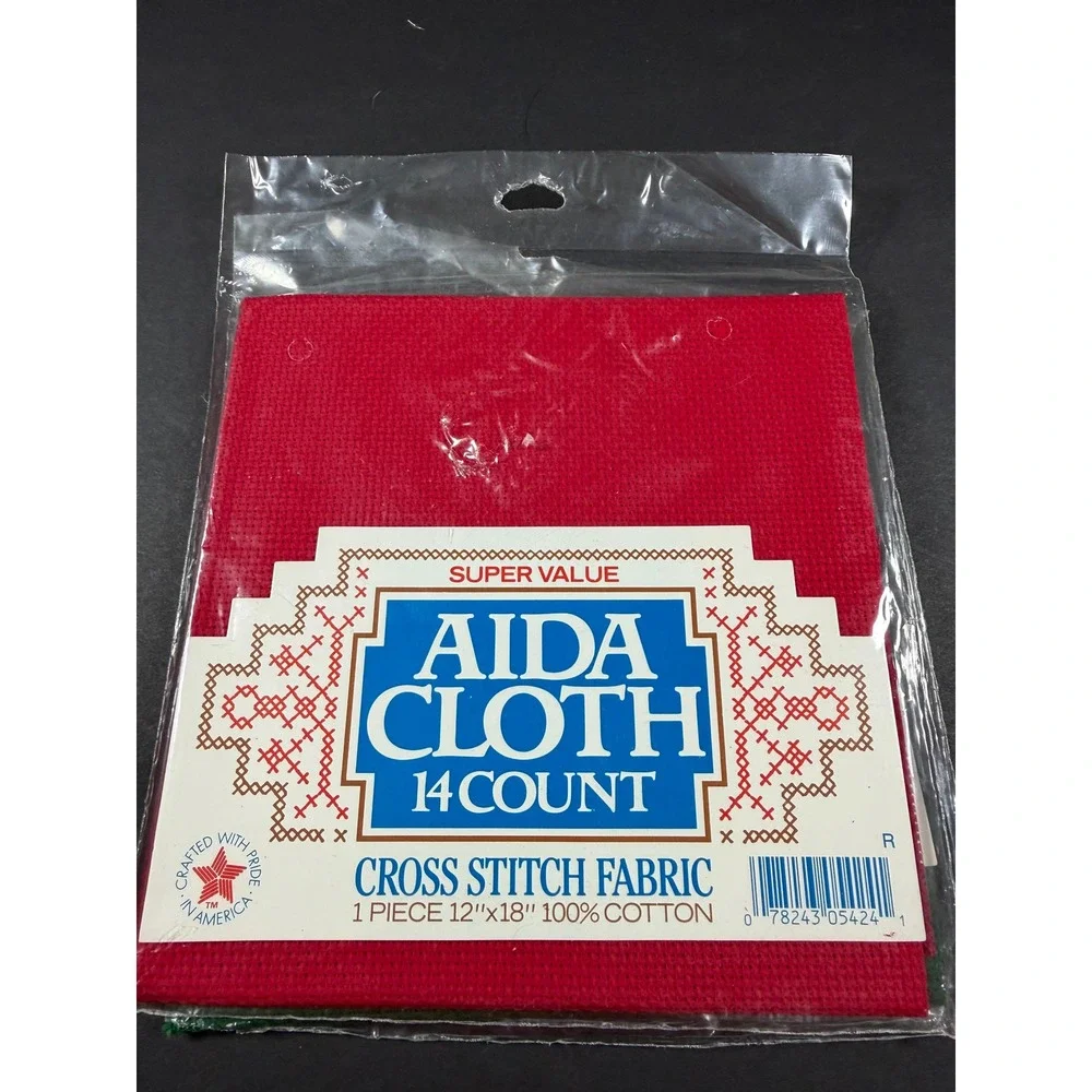 Aida Cloth Cross Stitch Fabric 12x18 Red Green 14 Count Lot of 2